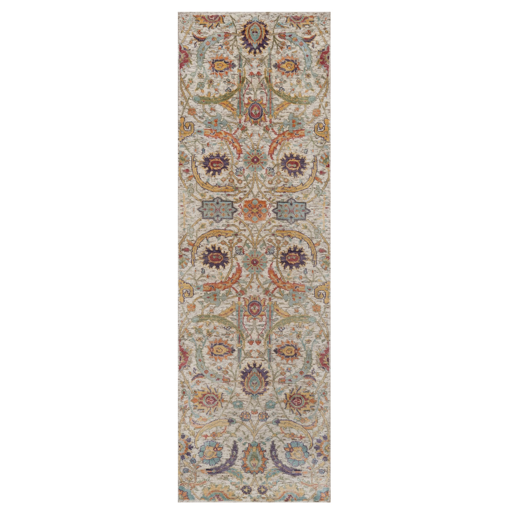 2'6"x8'2" Ivory and Brown, Colorful Sickle Leaf Design, Hand Knotted, Silk with Textured Wool, Runner, Oriental Rug 